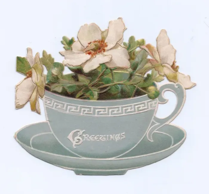 Framed Print : Cup of white flowers on a Victorian greetings card Framed Print : Cup of white flowers on a Victorian greetings card