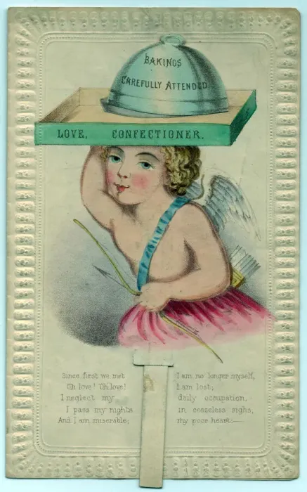 Framed Print : Cupid with baking tray on a Valentine card Framed Print : Cupid with baking tray on a Valentine card