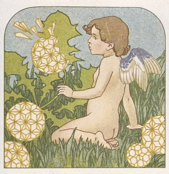 Cupid blowing dandelion seeds in a garden