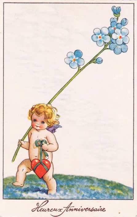 Framed Print : Cupid with blue flowers on a French birthday postcard Framed Print : Cupid with blue flowers on a French birthday postcard