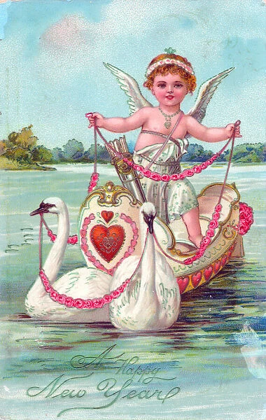 Cupid in a boat on a New Year postcard