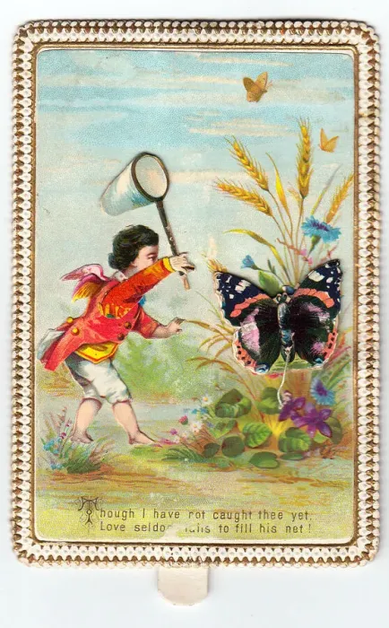 Framed Print : Cupid with butterfly net on a greetings card Framed Print : Cupid with butterfly net on a greetings card