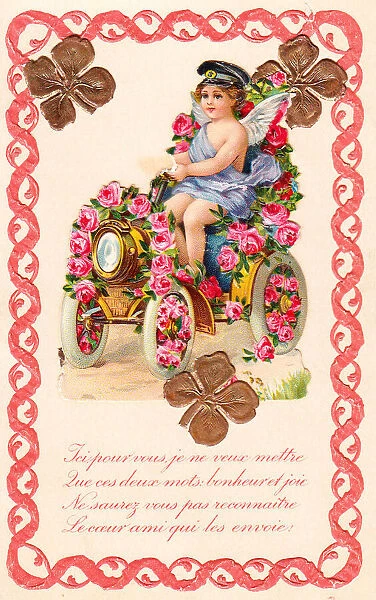 Cupid in a car on a French Valentine card