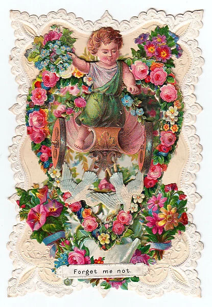 Cupid in a chariot with flowers on a Valentine card