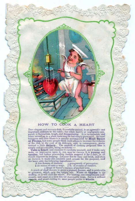 Framed Print : Cupid with cooking guidance on a comic Valentine card Framed Print : Cupid with cooking guidance on a comic Valentine card