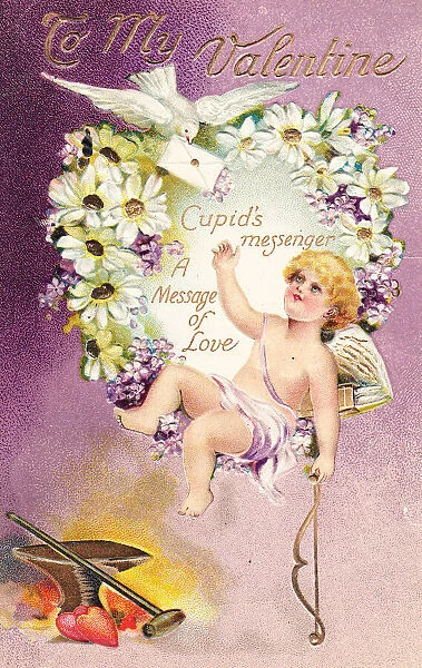 Cupid with dove and envelope on a Valentine postcard