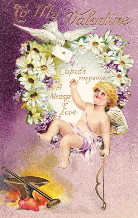 Framed Print : Cupid with dove and envelope on a Valentine postcard Framed Print : Cupid with dove and envelope on a Valentine postcard