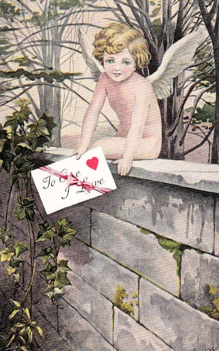 Framed Print : Cupid with envelope on a Valentine postcard Framed Print : Cupid with envelope on a Valentine postcard