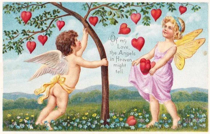 Framed Print : Cupid and fairy with red hearts on a Valentine postcard Framed Print : Cupid and fairy with red hearts on a Valentine postcard