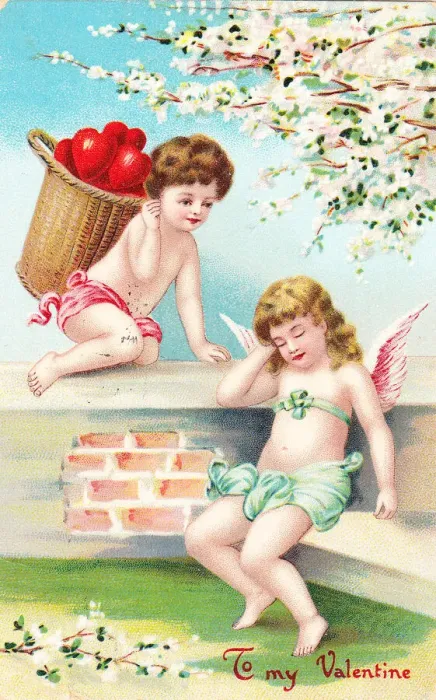 Framed Print : Cupid and fairy with red hearts on a Valentine postcard Framed Print : Cupid and fairy with red hearts on a Valentine postcard