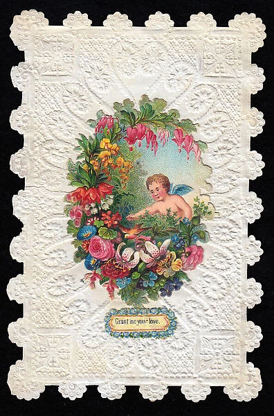 Cupid with flowers and bird on a Valentine card