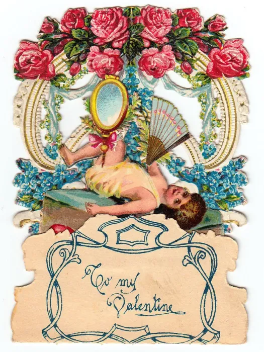 Framed Print : Cupid with flowers and fan on a Valentine card Framed Print : Cupid with flowers and fan on a Valentine card