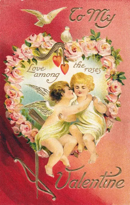 Framed Print : Cupid with girlfriend and doves on a Valentine postcard Framed Print : Cupid with girlfriend and doves on a Valentine postcard
