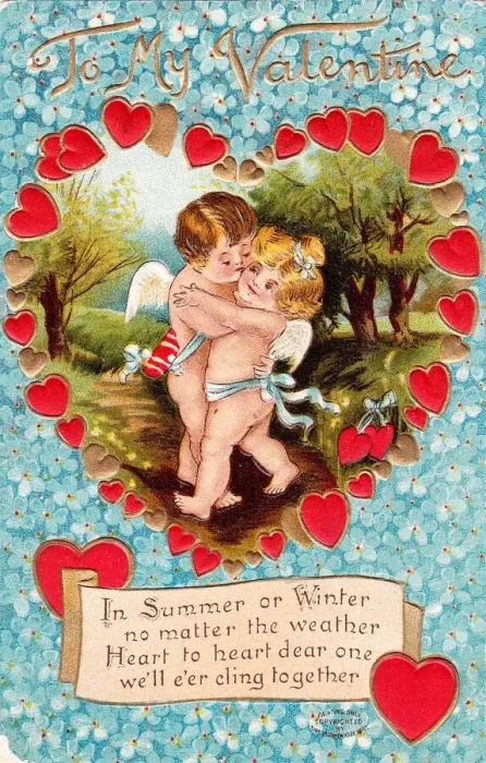 Framed Print : Cupid with girlfriend on a Valentine postcard Framed Print : Cupid with girlfriend on a Valentine postcard