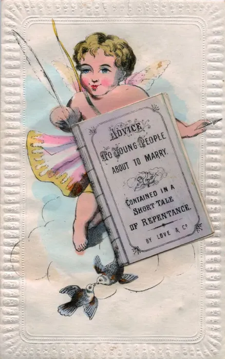 Framed Print : Cupid with good advice on a comic Valentine card