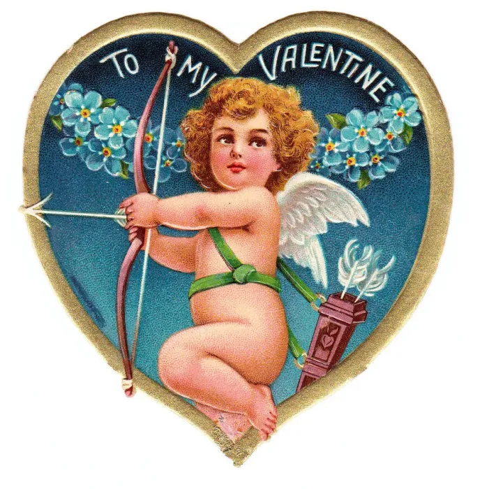 Framed Print : Cupid on a heart-shaped Valentine card Framed Print : Cupid on a heart-shaped Valentine card
