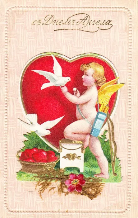 Framed Print : Cupid with hearts and doves on a Valentine postcard Framed Print : Cupid with hearts and doves on a Valentine postcard