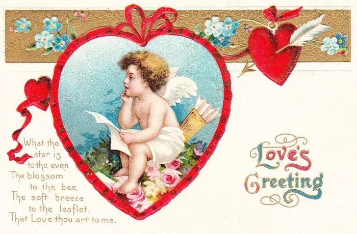 Framed Print : Cupid with hearts and flowers on a Valentine postcard Framed Print : Cupid with hearts and flowers on a Valentine postcard