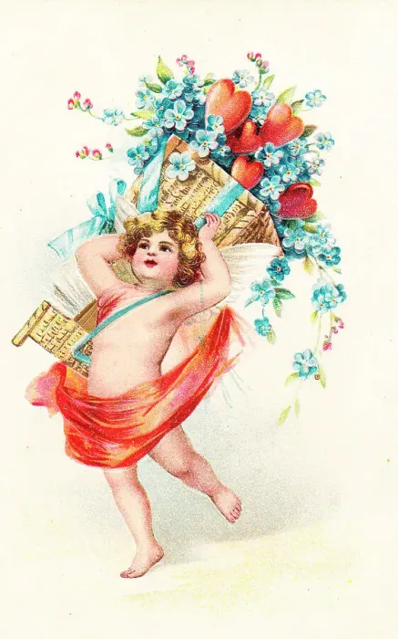 Framed Print : Cupid with hearts and flowers on a Valentine postcard Framed Print : Cupid with hearts and flowers on a Valentine postcard