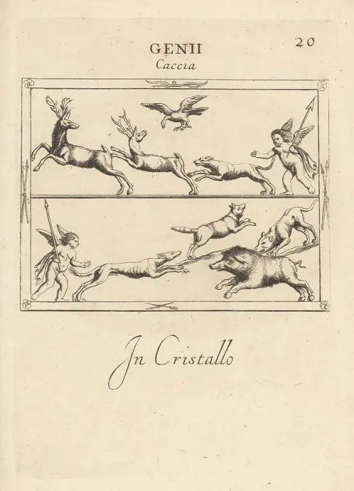 Framed Print : Cupid hunting stag, fox and wild boar with hounds Framed Print : Cupid hunting stag, fox and wild boar with hounds