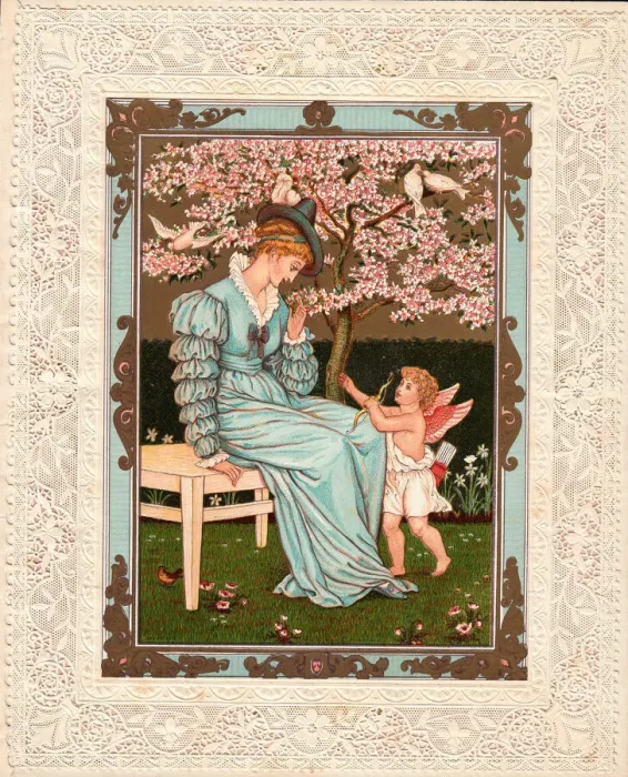 Framed Print : Cupid and lady in a garden on a Valentine card Framed Print : Cupid and lady in a garden on a Valentine card