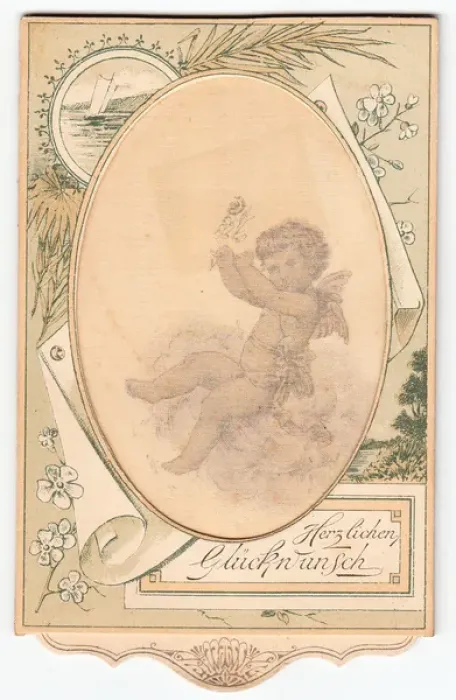 Framed Print : Cupid with letter on a German greetings card Framed Print : Cupid with letter on a German greetings card