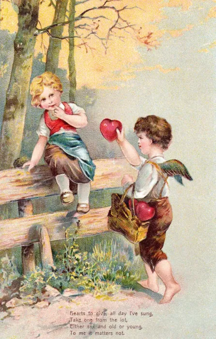 Framed Print : Cupid offering a red heart on a Valentine postcard Framed Print : Cupid offering a red heart on a Valentine postcard