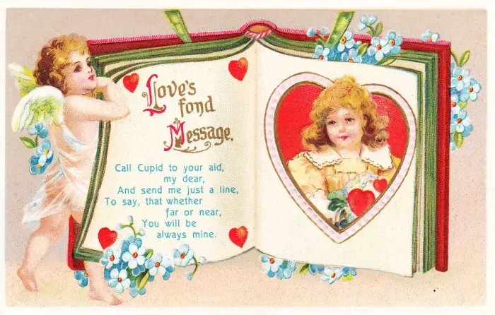 Framed Print : Cupid with open book on a Valentine postcard Framed Print : Cupid with open book on a Valentine postcard