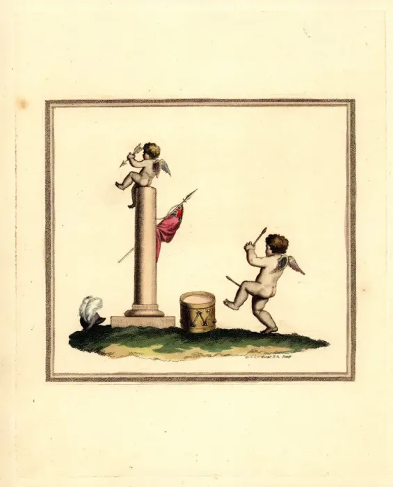Framed Print : Cupid playing a drum with his standard on a column Framed Print : Cupid playing a drum with his standard on a column