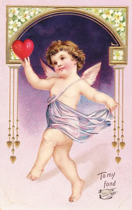 Framed Print : Cupid with red heart on a Valentine postcard Framed Print : Cupid with red heart on a Valentine postcard