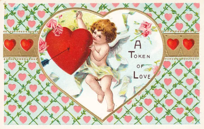 Framed Print : Cupid with red heart on a Valentine postcard Framed Print : Cupid with red heart on a Valentine postcard