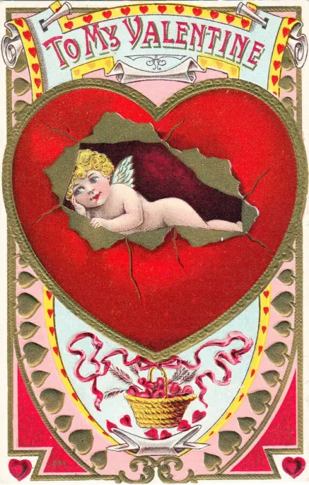Framed Print : Cupid with red heart on a Valentine postcard Framed Print : Cupid with red heart on a Valentine postcard