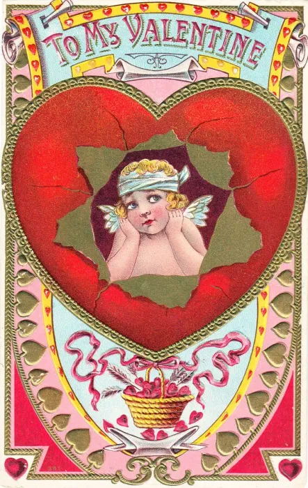 Framed Print : Cupid with red heart on a Valentine postcard Framed Print : Cupid with red heart on a Valentine postcard