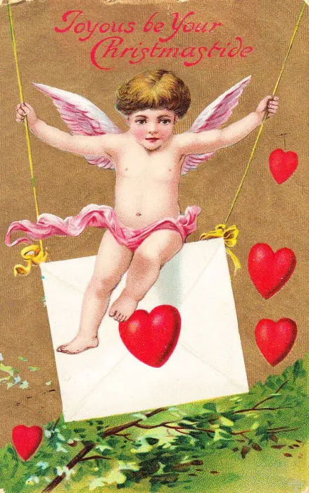 Framed Print : Cupid with red hearts on a Christmas postcard