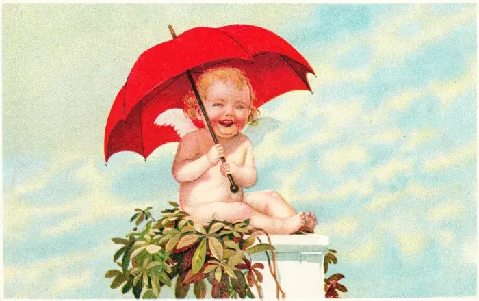 Framed Print : Cupid with red parasol on a Valentine postcard Framed Print : Cupid with red parasol on a Valentine postcard