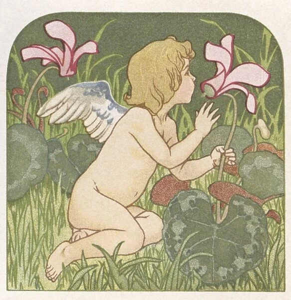 Cupid ringing foxglove bells in a garden