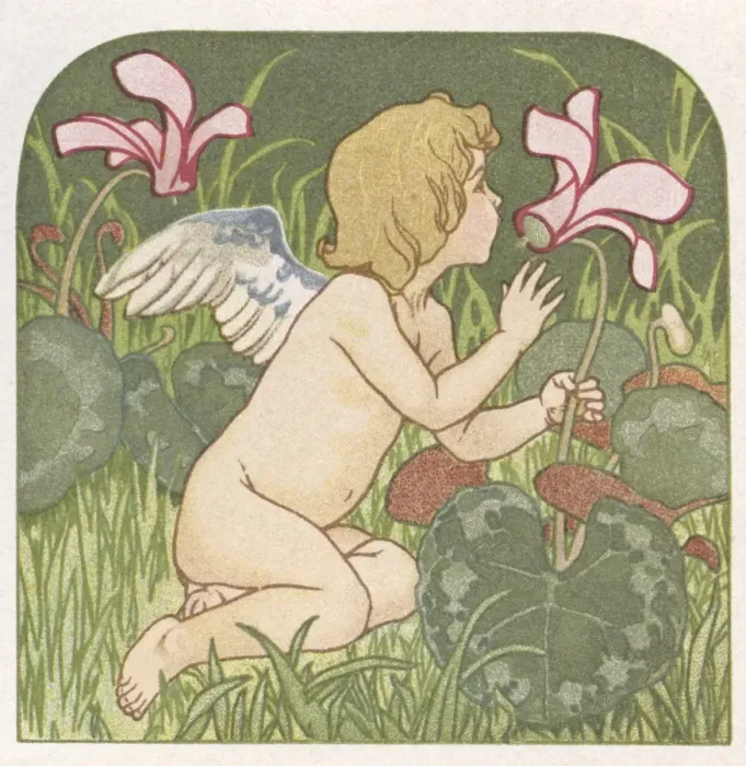 Framed Print : Cupid ringing foxglove bells in a garden Framed Print : Cupid ringing foxglove bells in a garden