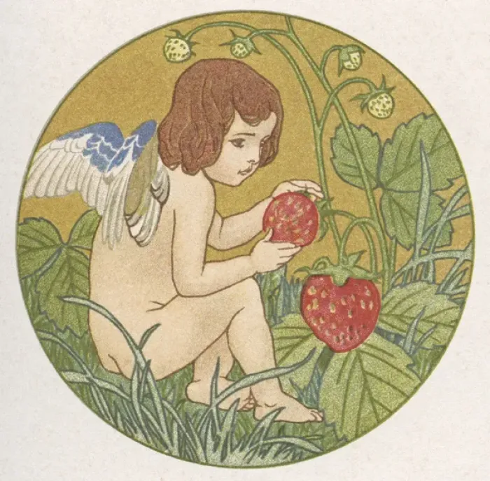 Framed Print : Cupid with strawberries in a garden Framed Print : Cupid with strawberries in a garden