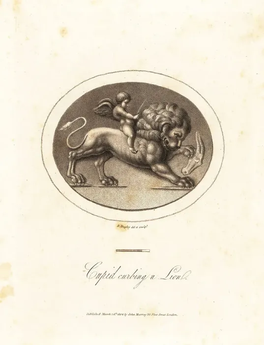 Framed Print : Cupid, with whip and bridle, mounted on a lion Framed Print : Cupid, with whip and bridle, mounted on a lion
