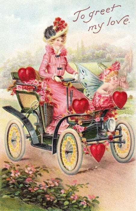 Framed Print : Cupid and woman in a car on a Valentine postcard Framed Print : Cupid and woman in a car on a Valentine postcard
