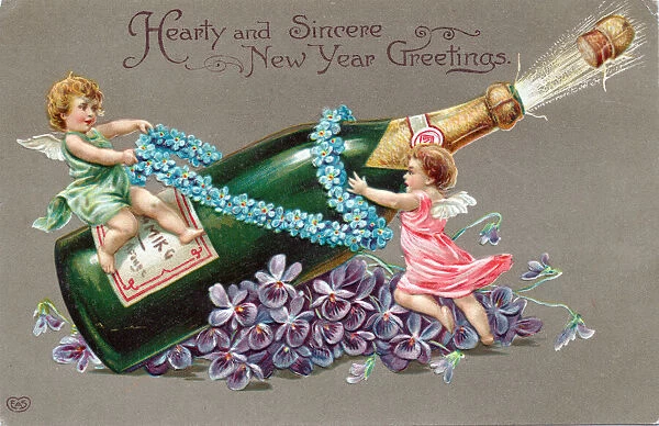 Cupids with a bottle of champagne on a New Year postcard