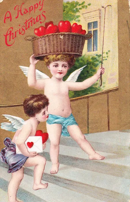 Framed Print : Cupids delivering red hearts on a Christmas postcard Framed Print : Cupids delivering red hearts on a Christmas postcard