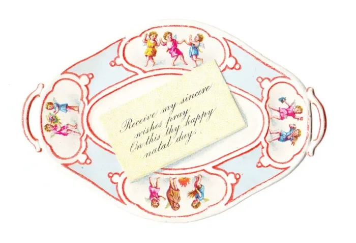 Framed Print : Cupids on a dish-shaped birthday card Framed Print : Cupids on a dish-shaped birthday card
