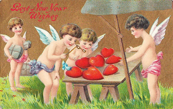 Cupids examining red hearts on a New Year postcard
