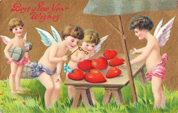 Framed Print : Cupids examining red hearts on a New Year postcard Framed Print : Cupids examining red hearts on a New Year postcard