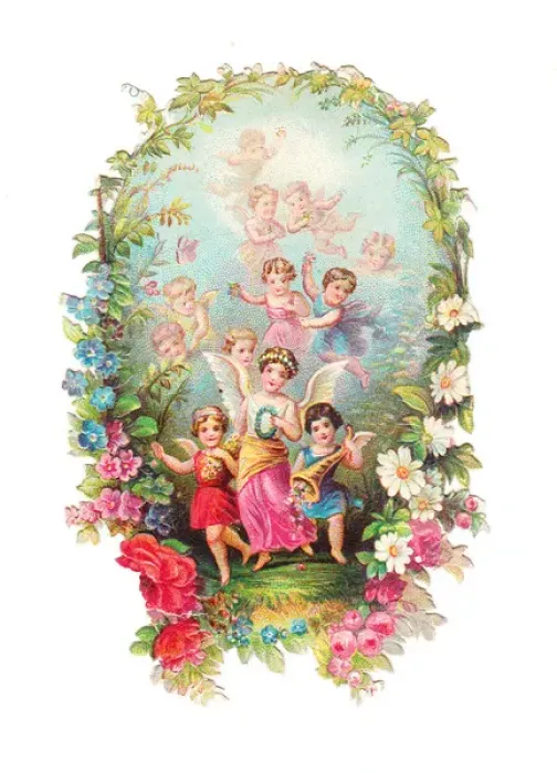 Framed Print : Cupids and flowers on a romantic Victorian scrap Framed Print : Cupids and flowers on a romantic Victorian scrap