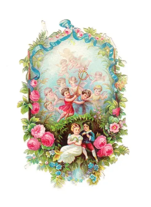 Framed Print : Cupids and flowers on a romantic Victorian scrap Framed Print : Cupids and flowers on a romantic Victorian scrap