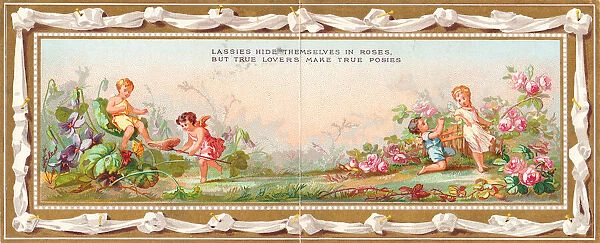 Cupids in a garden on a panoramic Valentine card