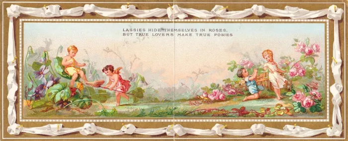 Framed Print : Cupids in a garden on a panoramic Valentine card Framed Print : Cupids in a garden on a panoramic Valentine card