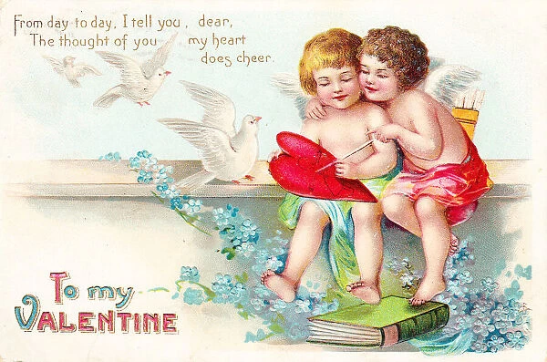 Cupids with heart and doves on a Valentine postcard